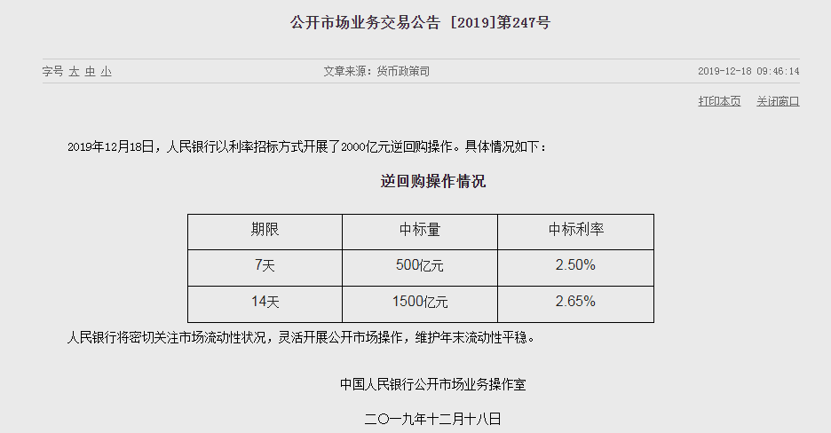 年内最高峰，央行缩量续作近万亿MLF，护航年底流动性