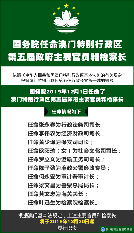 国务院任命澳门特别行政区第六届政府主要官员和检察长