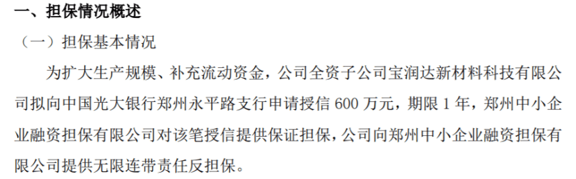 宝润达全资子公司拟向银行申请授信600万 郑州中小企业融资担保提供保证担保