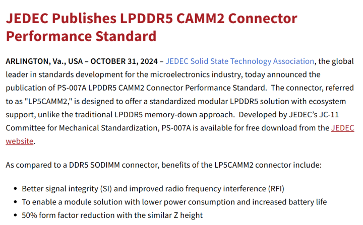 JEDEC发布LPDDR5 CAMM2标准 尺寸更小功耗更低